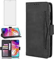 Compatible with Samsung Galaxy A70 Wallet Case and Tempered Glass Screen Protector Card Holder Credit ID Slot Flip Leather Cell Accessories Phone Cover for A70S A 70 70A S70 Women Men Black