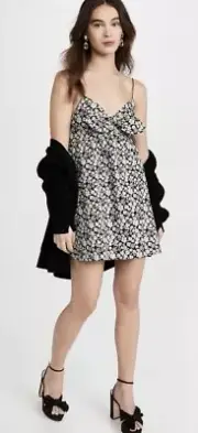Alice + Olivia Melvina Black White Floral Tie Babydoll Mini Dress SZ 4 NWT $395