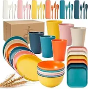 48 Pcs Wheat Straw Dinnerware Sets, Unbreakable Dishes Microwave Safe Dinnerware,Lightweight Reusable Bowls with Plates,Cups,Knives,Forks and Spoons Utensil Set for Camping (A Set of 6)