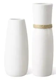 Set of 2 White Ceramic Flower Vases Rope Design