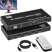 8K HDMI Switch 3 in 1 Out Switch Splitter - 4K@120Hz/8K@60Hz HDMI Switcher Selector with IR Remote for Xbox PS4 PC TV