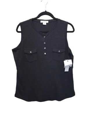 Liz Claiborne Top Women’s Petite LP Sleeveless Black Blouse Button Pocket - NEW