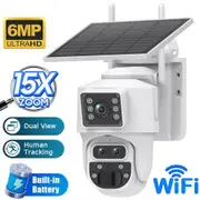 6MP Wireless Solar Zoom Camera Dual Lens PTZ Rotation 15X Zoom Outdoor Security Floodlight Cam with WiFi Night Vision Alarm Linkage Human Tracking,White