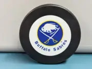 Buffalo Sabres Crossing Swords Logo Blue Gold Vintage NHL Hockey Puck In Glas co