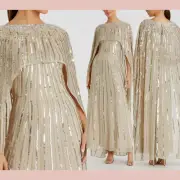NWT Mac Duggal [ 4 ] 93869 Beaded Embellished Column Cape Gown Champagne J1195