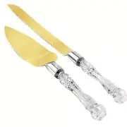 Clear Gold Cake Knife and Server Set, Steel Plated Blades with Acrylic Handles