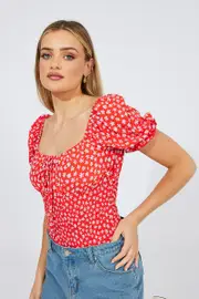 Red Ditsy Bodysuit short Sleeve - Size 8, Women's Bodysuit