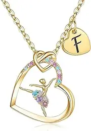 BAOWING Ballerina Necklaces Gifts for Girls,Colorful CZ Heart Pendant Ballet Dancer Necklaces for Teens Girls Letter Initial Rainbow Dance Necklace Jewelry Gifts for Girls Women
