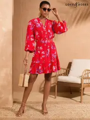 Love & Roses Red Floral Notch Neck Belted 3/4 Sleeve Mini Dress (AP7101) | $143