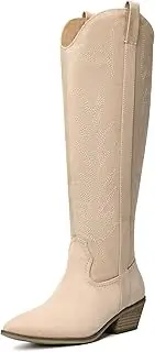 [Bigwow] Women's Western Cowboy Knee-High Boots Suede Embroidery Pointed Toe Tall Boots Side Zipper Low Chunky Heel Long Boots for Ladies
