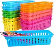 12 Pack Pencil Organizer Basket Trays, Rainbow Colors Desk Storage for Kids, Classroom Supply Holders for School
