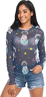 [RPLIFE] Cute Cartoon Astronauts Planets Blue Mesh Top Long Sleeve, Sheer Tops for Women S-XXL