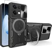 [WRTBS] Phone Case for Oppo Reno 13 5G Case with Glass Screen Protector, Built Slide Camera Protection Cover,Military Heavy Duty Full Body Protective Phone Case - Black