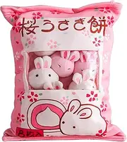Removable Bunny Throw Pillow, Cute Bag of Cherry Blossom Bunnies Plush Pillow Fluffy Rabbit Doll Toy, Creative Gifts for Girls Kids, Sofa Chair Decorative Pillow (Pink)