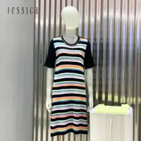 在飛比找momo購物網優惠-【JESSICA】清新修身顯瘦彩條短袖針織洋裝223270