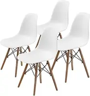La Bella DSW Retro Dining Chairs Set of 4 – White – Mid-Century Modern Style with Beech Wood Legs, Durable Polypropylene Seat, Pre-Assembled Metal Cross Frame – Home, Office, Café Use
