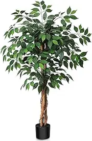 SOGUYI 4ft Artificial Ficus Tree with Natural Wood Trunk, Silk Fake Ficus Tree in Plastic Nursery Pot, Faux Plant for Office Home, Indoor Outdoor Decor, 1 Pack