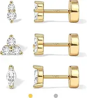 [Kakonia] Hypoallergenic Flat Back Earrings for Women | 14K Gold Plated Sterling Silver Post Stud | Cartilage Helix Conch Tragus Piercing Jewelry 3 Pairs Tiny Screw Dainty CZ Opal Earring Set Men