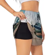 [WURTON] Airplane Print Exercise Gym Workout Shorts Women's Athletic Shorts Dual-Layered Yoga Running Shorts