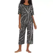 DKNY Womens 2 Piece Capri PJ Set Black Print Size XL Pajamas Sleep