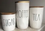 New Rae Dunn COFFEE / TEA & SUGAR Ceramic Cellars/Canister Set of 3 W/ Wood Lids