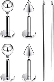 [Ruifan] Titanium Flat Back Lip Rings Internally Threaded Earrings Studs Nose Rings 20G 18G 16G 14G Ball Spike Tragus Cartilage Lobe Rook Helix Conch Labret Medusa Piercing Jewelry for Women Men 6PCS