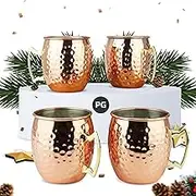 PG Copper Moscow Mule Mugs | Large Size 19.5 Ounces | Set of 4 Hammered Cups | Stainless Steel Lining | Pure Copper Plating | Gold Brass Handles | 2.8 inches Diameter x 3 inches Tall