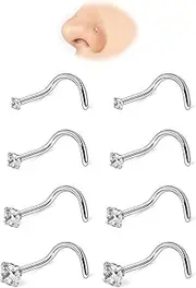 [FriBasics] 8Pcs Corkscrew Nose Stud Piercing Jewelry Set - 20G Hypoallergenic Surgical Steel 316L, Fade-Resistant & Comfort Fit, Diamond-Like Sparkle Cubic Zirconia - Available in 1.5mm/2.0mm/2.5mm/3.0mm Sizes