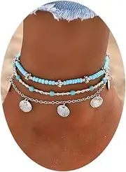 [HaHaGirl] Turquoise Shell Anklet for Women Link Bracelet Jewelry Adjustable Anklet for Summer Beach