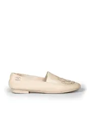 Beige Leather Camellia Laser Cut Loafers