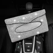 U&M Bling Bling Car Sun Visor Tissue Box Holder Pure Hand-Made Sparkling Crystal Auto Napkin Holder PU Leather Backseat Tissue Case for Women