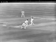 Sussexs Jim Parks drives the ball, watched by Worcestershi - 1963 Cricket Photo