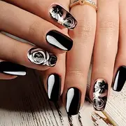 Pack of 24 Black Roses Press On Nails Artificial Fingernails for Sticking Medium Length Shiny Acrylic Artificial Nails with Gel Glue for Women Girls