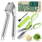 Garlic Press Stainless Steel & Herb Scissors, Garlic Mincer Tool, Garlic Crus...