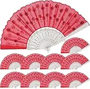QIRMIZI 10 PACK Fabric Folding Handheld Fans, Perfect for Weddings, Parties, and Dancing,Red