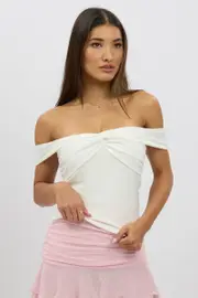 White Off Shoulder Top Twisted Bust - Size 14L, Women's Top