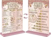 Bumqviy Happy 90th Birthday Decorations Back in 1934 Table Sign for Women, Pink Rose Gold 90 & Fabulous Birthday Two-Sided Wooden Poster with Stand, Ninety Year Old Birthday Gift Party Supplies