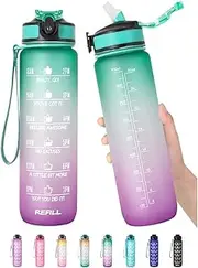 32oz Leakproof BPA Free Drinking Water Bottle with Time Marker & Straw to Ensure You Drink Enough Water Throughout The Day for Fitness and Outdoor Enthusiasts (Ombre-Green Purple, 32oz)
