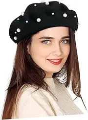 [CLISPEED] Women's Heavy Work Pearl Beret Wool Beanie Stylish Accessory for Casual Outfits Fits Head Circumference for Outdoor Activities and Gifting Black