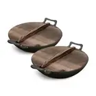 Soga 2X 36Cm Commercial Cast Iron Wok Frypan Wooden Lid Non Stick