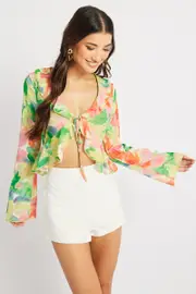 Multi Floral Tie Front Frill Top Long Sleeve - Size 12, Women's Bolero