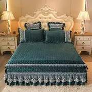 Coral Fleece Fitted Sheet Thick Quilted Bedspread Mattress Protection Cover Non-Slip Fixed Bed Skirt-Dark_Green_150*200cm(3pcs)