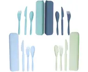 Travel Camping Reusable Utensils Set With Case, 4 Sets Wheat Straw Portable Utensils Set