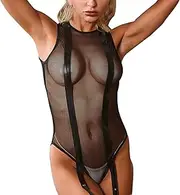 [Generic] Sexy Long Robes for Women Lingerie Gown Sexy Lingerie Womens Elastic Slim Mesh Leather Jumpsuit Without Stockings Silk Bodysuit Lingerie for Women