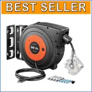50 FT Heavy Duty Retractable Extension Cord Reel with 6 Outlets & Lock Stopper