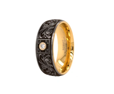 Tungsten Gold Plated Ring, Victorian Style Engravings and Round Cut Diamond