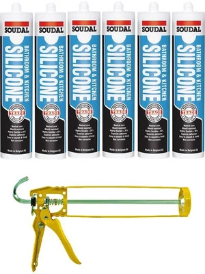 Soudal Bathroom & Kitchen Silicone Sealant Translucent 300ml 6 Pack + Gun Kit