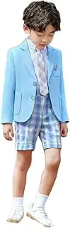 [Kromoc] Boys' Two-Piece Suit Notch Lapel Two Buttons Jacket with Checked Pants Tuxedos Birthday Party Festival
