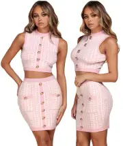 Chic Women's Fashion Baby Pink Geometric Print Top And Skirt Set S M L Elegant