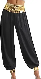 [RUNQHUI] Women's Long Bloomers Harem Pants for Belly Dance Costume Snakeskin Print Beaded Baggy Trousers
